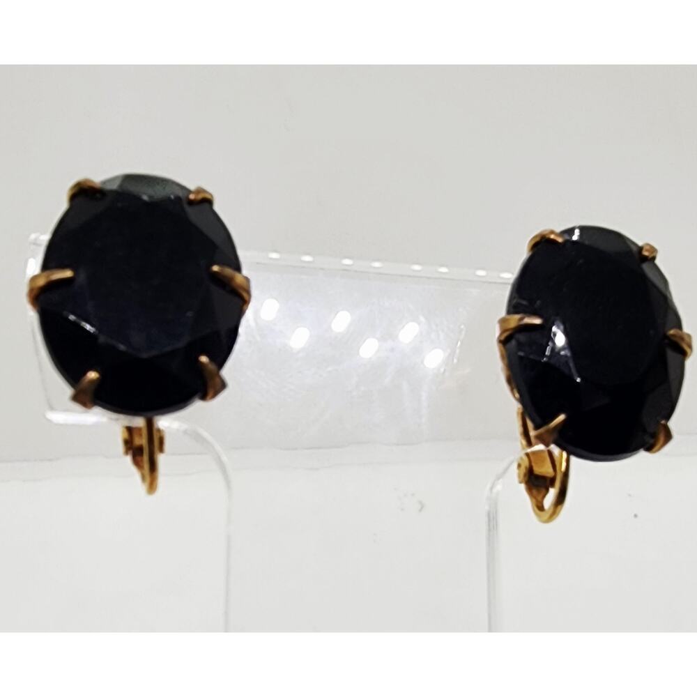 Vintage Big Black Oval Earrings Faceted Glass Stone Gold Tone Clip On 1950s - Picture 3 of 8